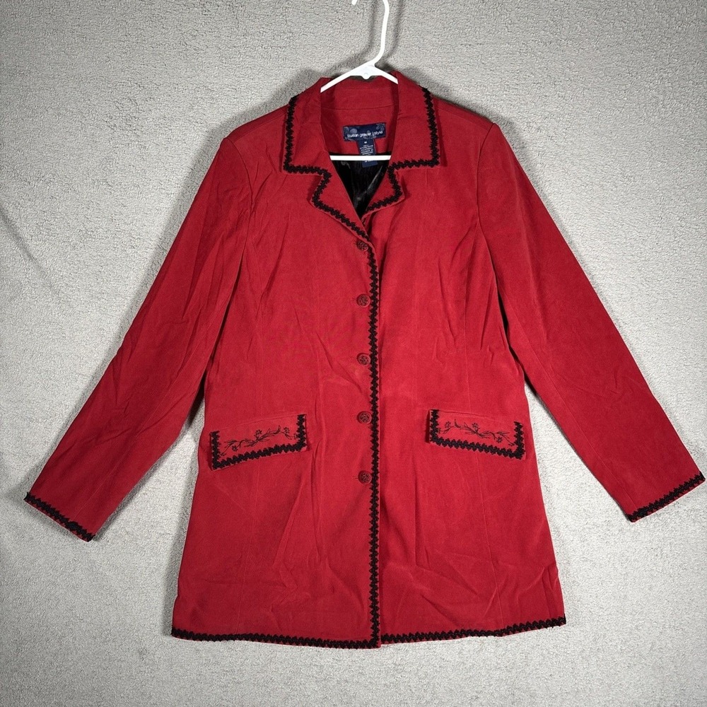 Susan Graver Style Red Floral Embroidered‎ Blazer Jacket Rick Rack Trim Womens M